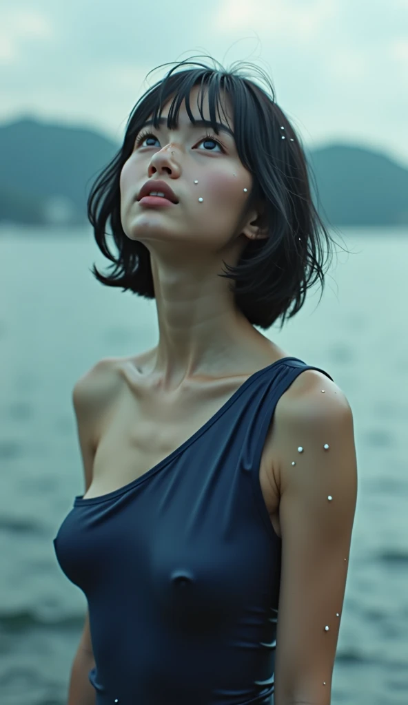High resolution, masterpiece, Highest quality, One person, Japanese, Cute Face、Look up at the sky、Melancholic expression、Black Hair, Bob Cut Hair, Navy blue one-shoulder stylish swimsuit、Large Breasts, Sweat、Wet Hair、Wet body、Blur, Lens flare, movie,