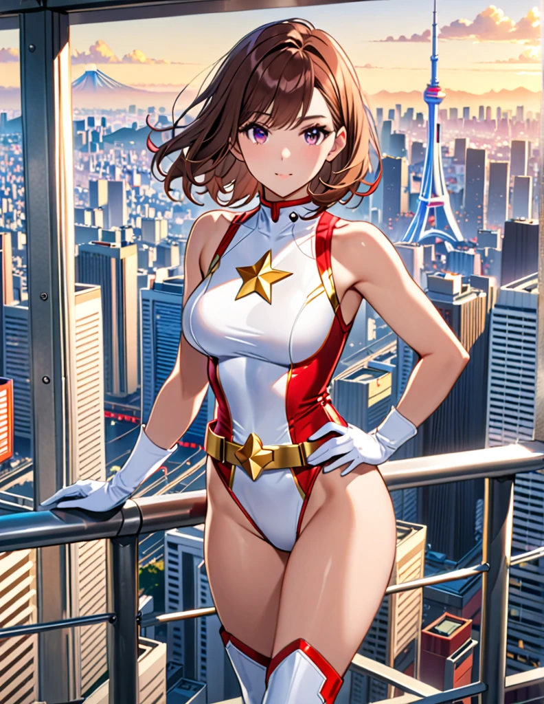 (masterpiece), (best quality), (high res), medium breasts, ((leotard, white and red leotard, matching leotard, sleeveless, bare legs)), (((tight belt, gold belt))), ((boots, matching boots, (ankle-high boots, white boots))), ((gloves, white gloves)), city backdrop, tokyo city backdrop, solo, solo focus, standing, (full body), cowboy shot, superhero, ((beautiful detailed eyes)), ((gold star symbol on chest)), (brown hair, medium hair, bob hair, purple eyes), (perfect hands, perfect anatomy), cowboy shot, superhero, ((beautiful detailed eyes)), full body costume design.