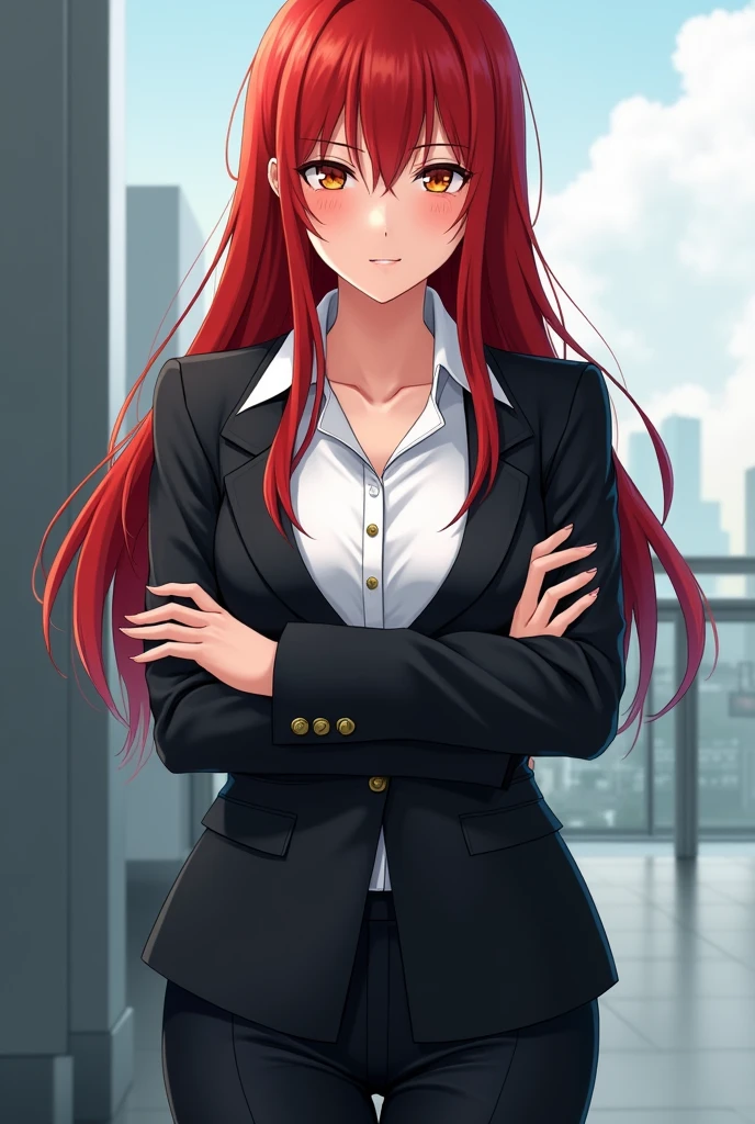 anime image of a woman in a white shirt and black pants, in a strict suit, (sfw) safe for work, female protagonist 👀 :8, thicc, asuka suit under clothes!, in strict suit, makoto shinka, oppai proportions, wearing a strict business suit, from girls frontline, smooth anime cg art, realistic schoolgirl, official art (red hair) sexy