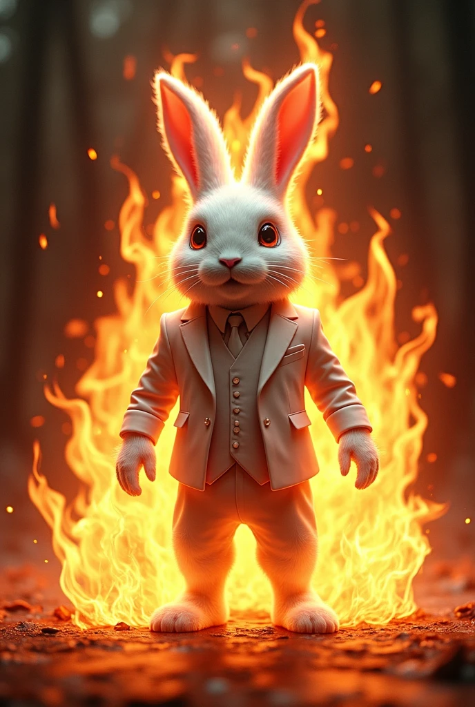 Powerful magical humanoid white rabbit in a suit surrounded by flames