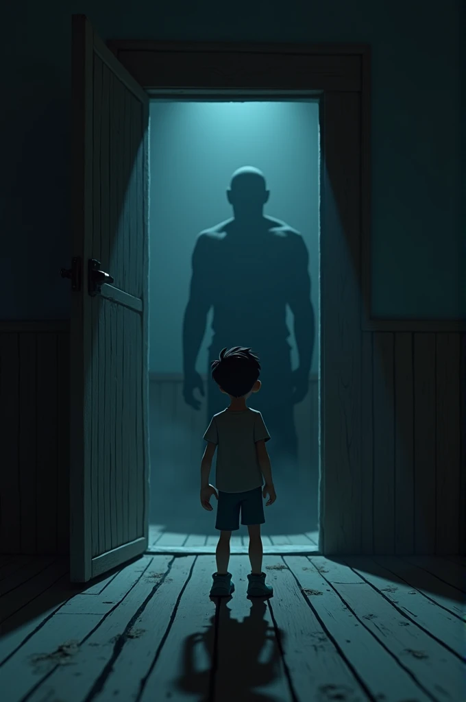 Cinematic 3d cartoon style Glimpse of the Dark Figure: A mysterious, shadowy figure emerging from a darkened room as the young man opens a heavy door.