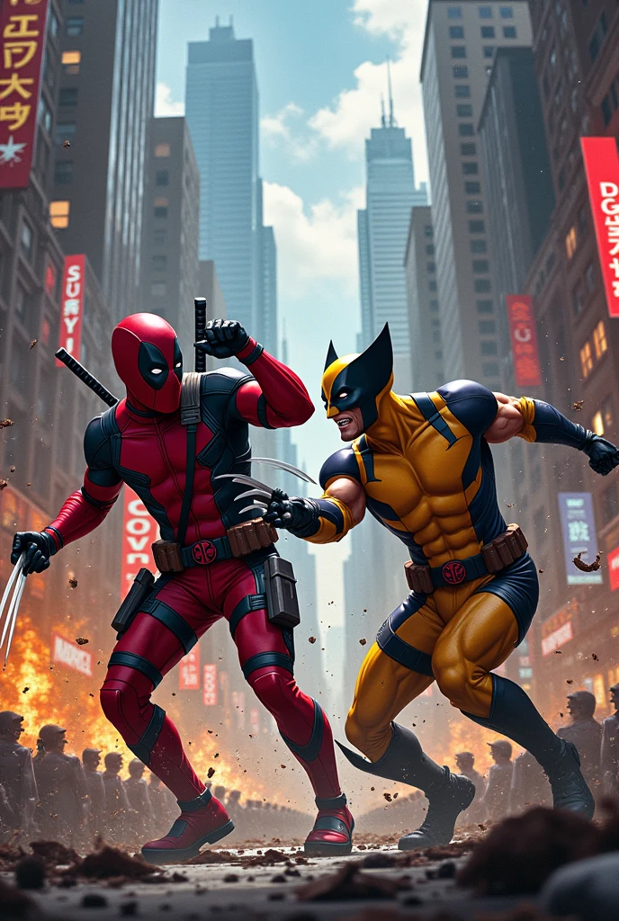 two superheroes, Deadpool and Wolverine, battling villains in a bustling urban cityscape