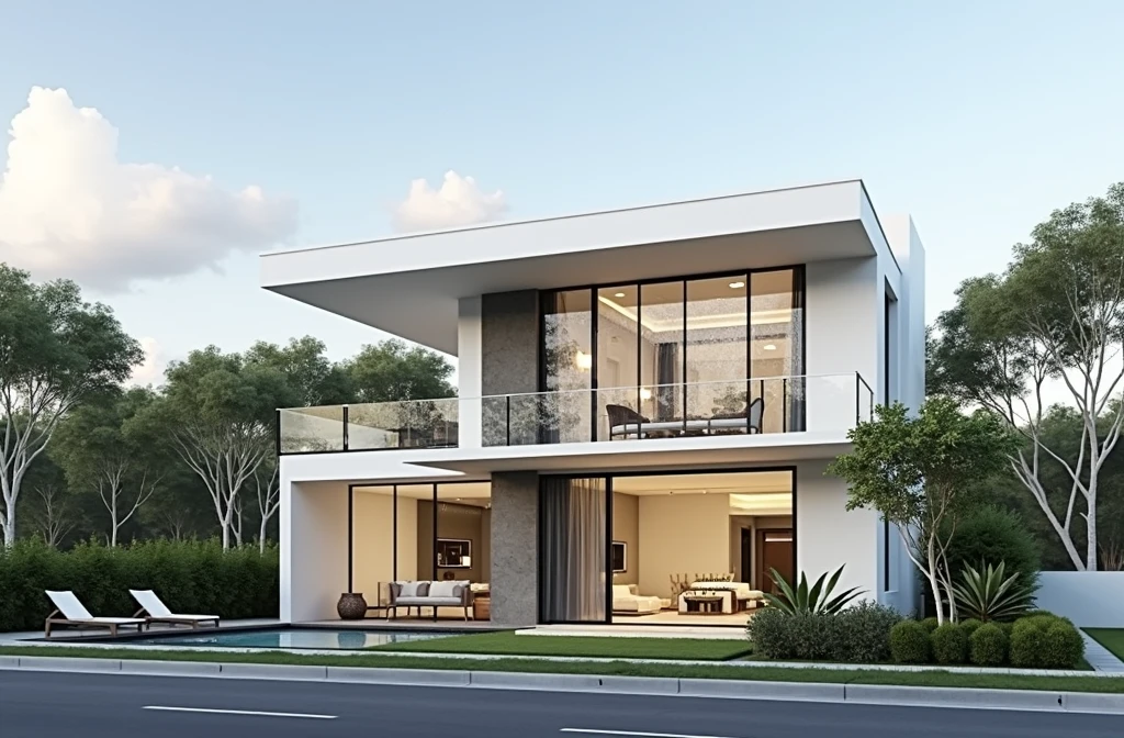 masterpiece, high quality, good quality, realistic, Super detailed, Outside, XL one-story villa, groupe aiai, stairs, white wall, road, trottoir, grass, arbres, sky, nuages de foule, (day light : 1.1) poolside, Clarté d'image accrue, style moderne