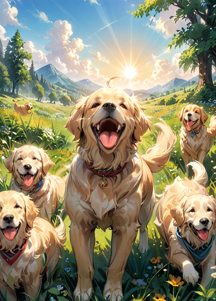 masterpiece, best quality, happy Golden retriever, tongue out, smile, playing in a meadow, greenery, very aesthetic, happy sunny atmosphere