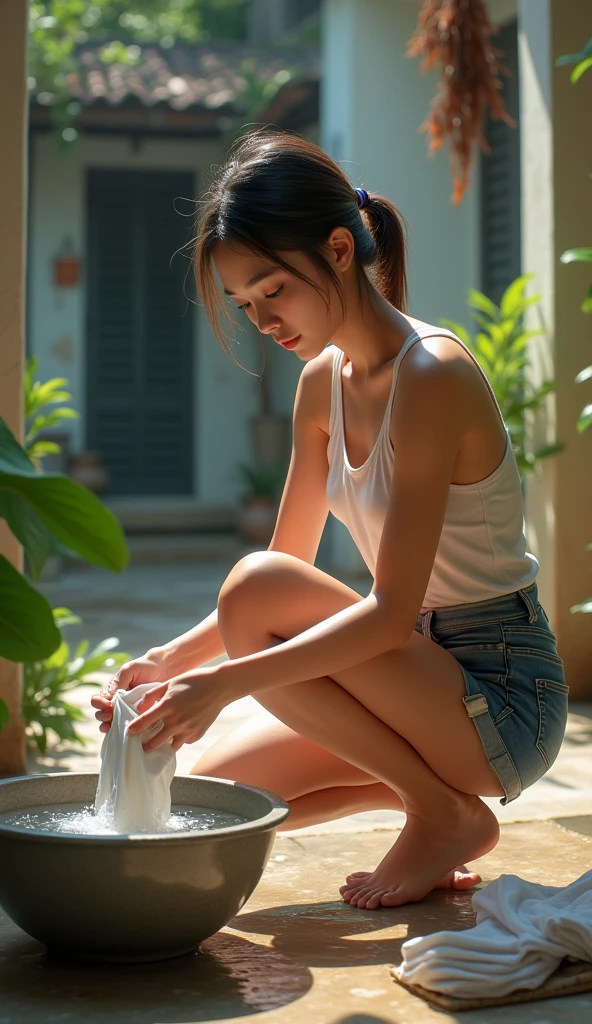 Thai woman of 20 age in shorts and sleeveless washing clothes