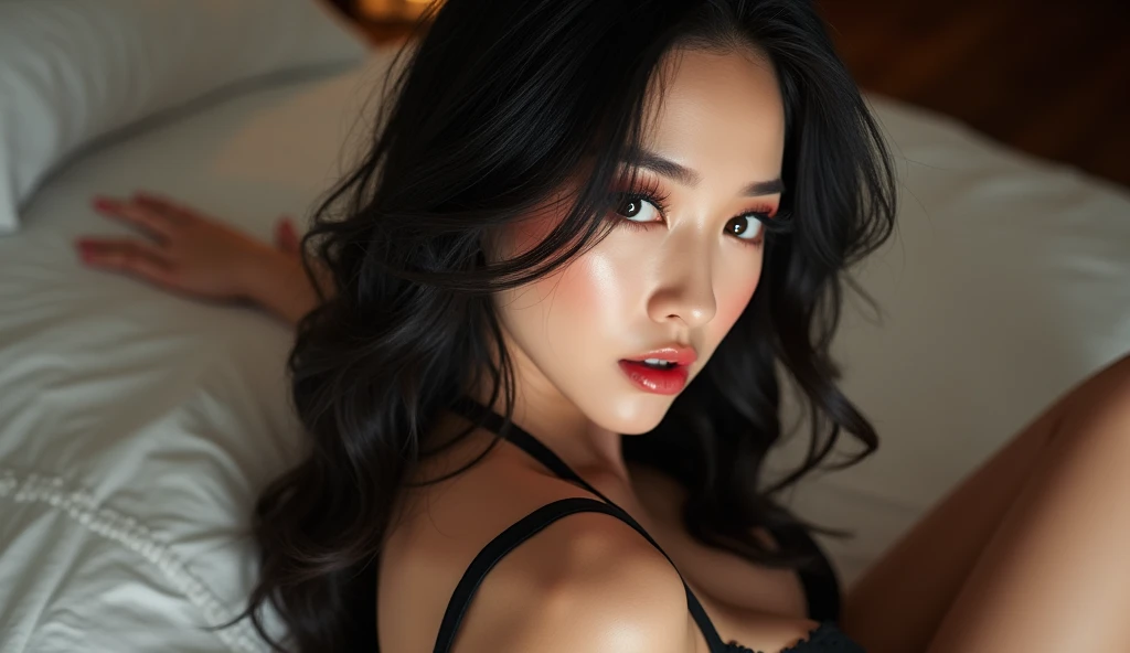 Busty Korean woman posing with her legs spread、Heavy makeup、Beautiful Face、Black Hair、See-through underwear K-Pop Idols