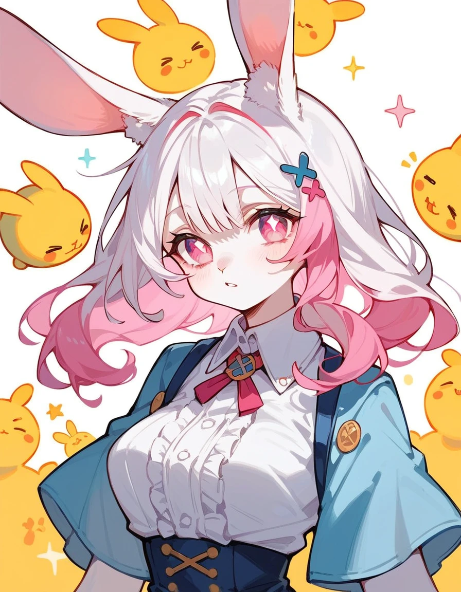 masterpiece, 1 rabbit girl, anthro, yellow fur, pink eyes, x-shaped pupil right eye, white hair, pink hair(inner colored hair), secret two-tone hair, (score_9,score_8_up,score_7_up,score_6_up,score_5_up,score_4_up)