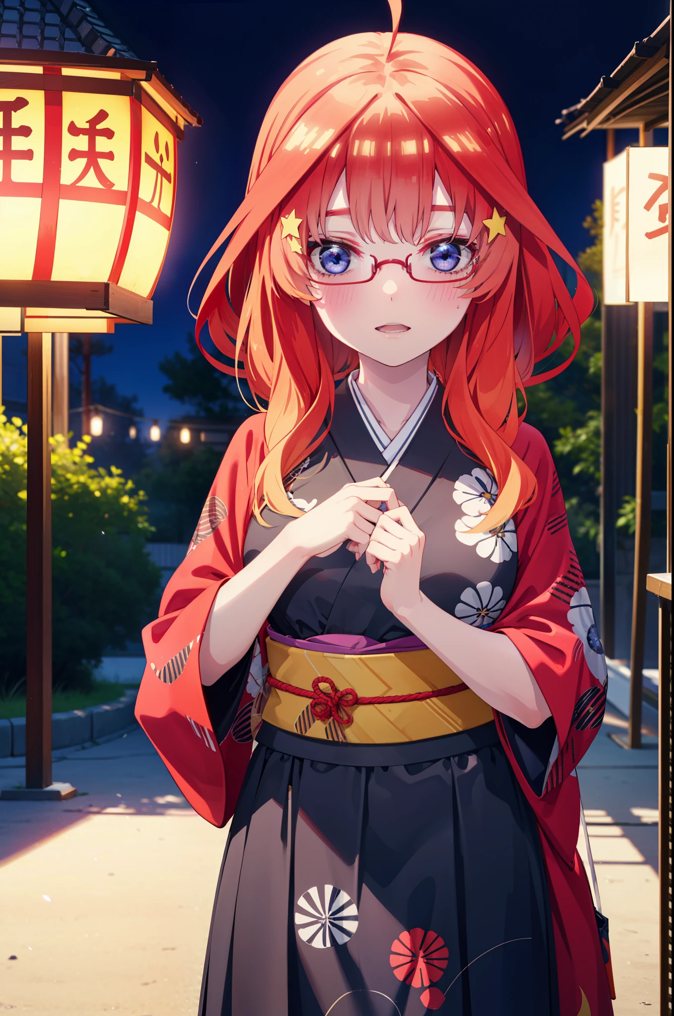 itsukinakano, Itsuki Nakano, bangs, blue eyes, Hair between the eyes, Ahoge, Redhead, star \(symbol\), hair ornaments, star hair ornaments,Black-rimmed glasses,hair tied back,smile,blush,Open your mouth,night,Red Kimono,Long skirt,He is holding cotton candy in his right hand and a clear bag full of cotton candy in his left hand.,Japanese Festivals,Summer festival food stalls,Red lantern,whole bodyがイラストに入るように,
break looking at viewer,whole body, (Cowboy Shot:1. 5),
break outdoors, Veranda,
break (masterpiece:1.2), Highest quality, High resolution, unity 8k wallpaper, (figure:0.8), (Beautiful attention to detail:1.6), Highly detailed face, Perfect lighting, Highly detailed CG, (Perfect hands, Perfect Anatomy),