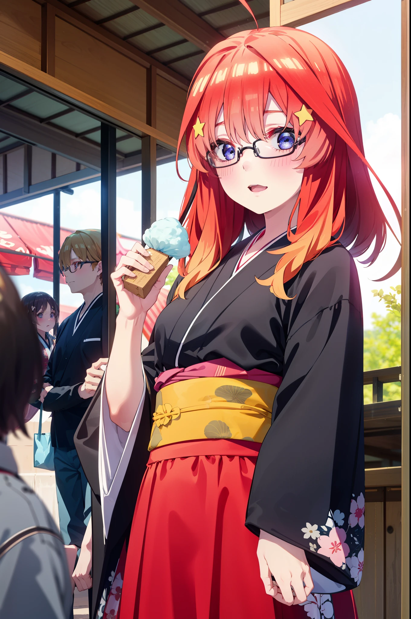 itsukinakano, Itsuki Nakano, bangs, blue eyes, Hair between the eyes, Ahoge, Redhead, star \(symbol\), hair ornaments, star hair ornaments,Black-rimmed glasses,hair tied back,smile,blush,Open your mouth,night,Red Kimono,Long skirt,He is holding cotton candy in his right hand and a clear bag full of cotton candy in his left hand.,Japanese Festivals,Summer festival food stalls,Red lantern,whole bodyがイラストに入るように,
break looking at viewer,whole body, (Cowboy Shot:1. 5),
break outdoors, Veranda,
break (masterpiece:1.2), Highest quality, High resolution, unity 8k wallpaper, (figure:0.8), (Beautiful attention to detail:1.6), Highly detailed face, Perfect lighting, Highly detailed CG, (Perfect hands, Perfect Anatomy),