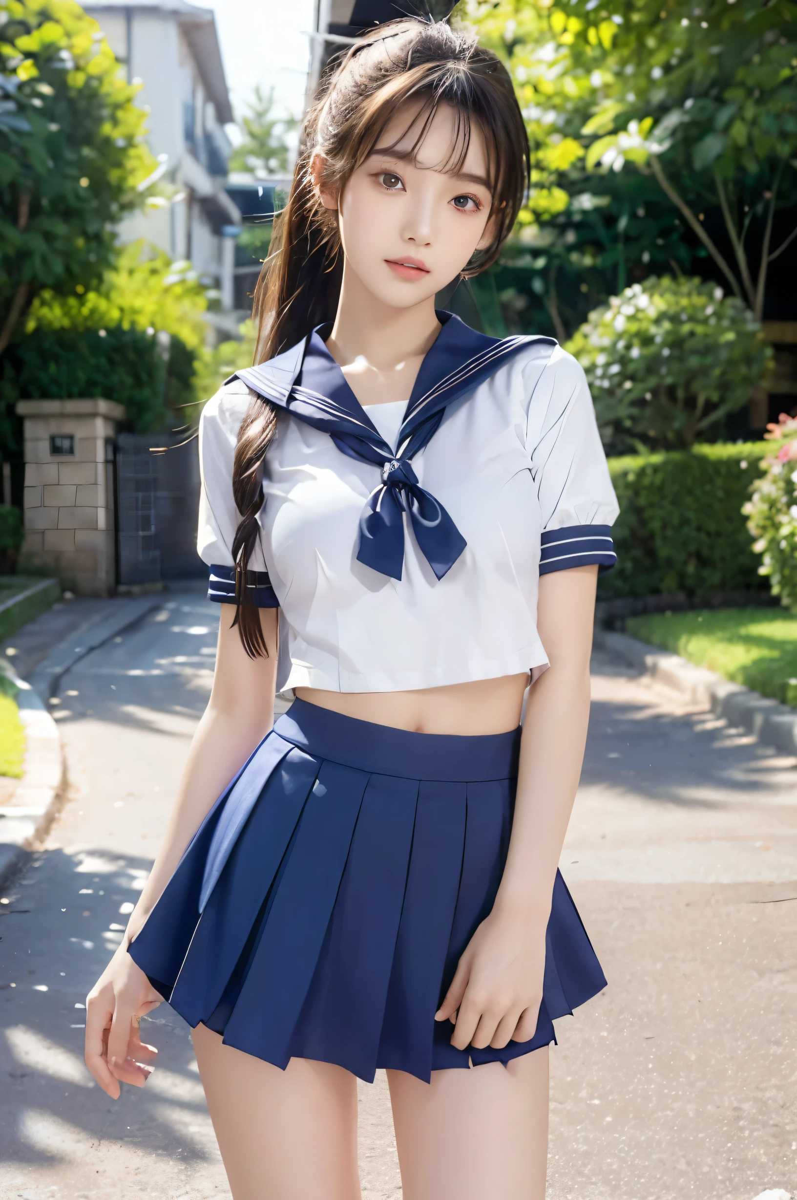(Ultra HD), (Looking at me), (The whole body is shown), (Short-sleeved sailor uniform, Navy blue low-rise mini skirt), Big Breasts, Super beautiful breasts, slender, Narrow waist, (Thin legs:1.2), (Thin thighs:1.2), (Thin Hips:1.4), (Beautiful Skin, Shiny skin, White skin), (Super slim face, Super beautiful face, No makeup, Smile:0.6), (ponytail, Layered Cut, Fluffy hair), (double eyelid, Slanted Eyes), (Small Nose), (Thin lips), Are standing, In front of the school gate