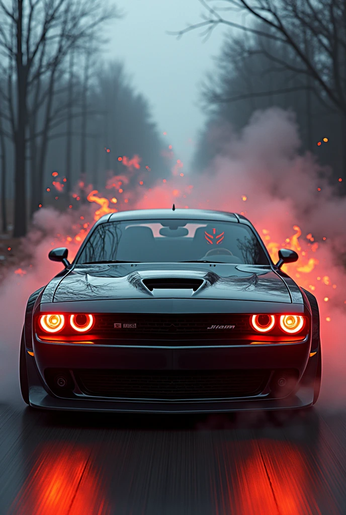 A dodge demon car drive by devil with control of all five elements and rinnigan eyes
