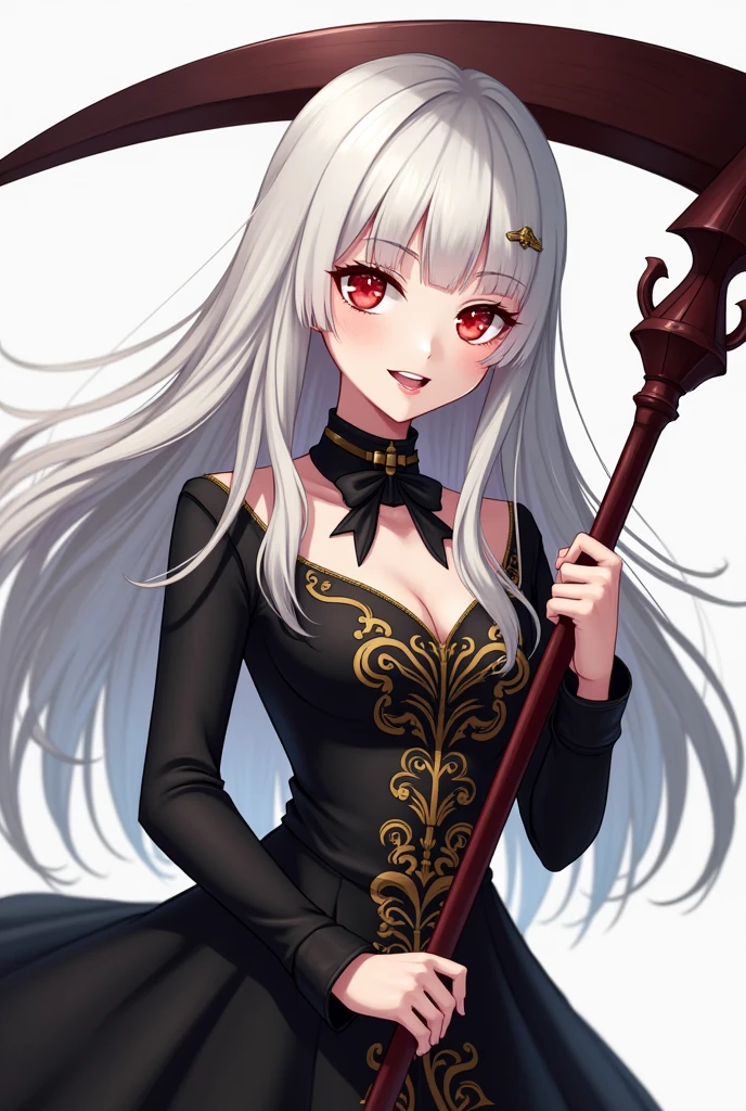 2d anime girl with long white hair and red eyes, dressed in a black dress with gold decorations, holding a scythe, making a psychopathic smile