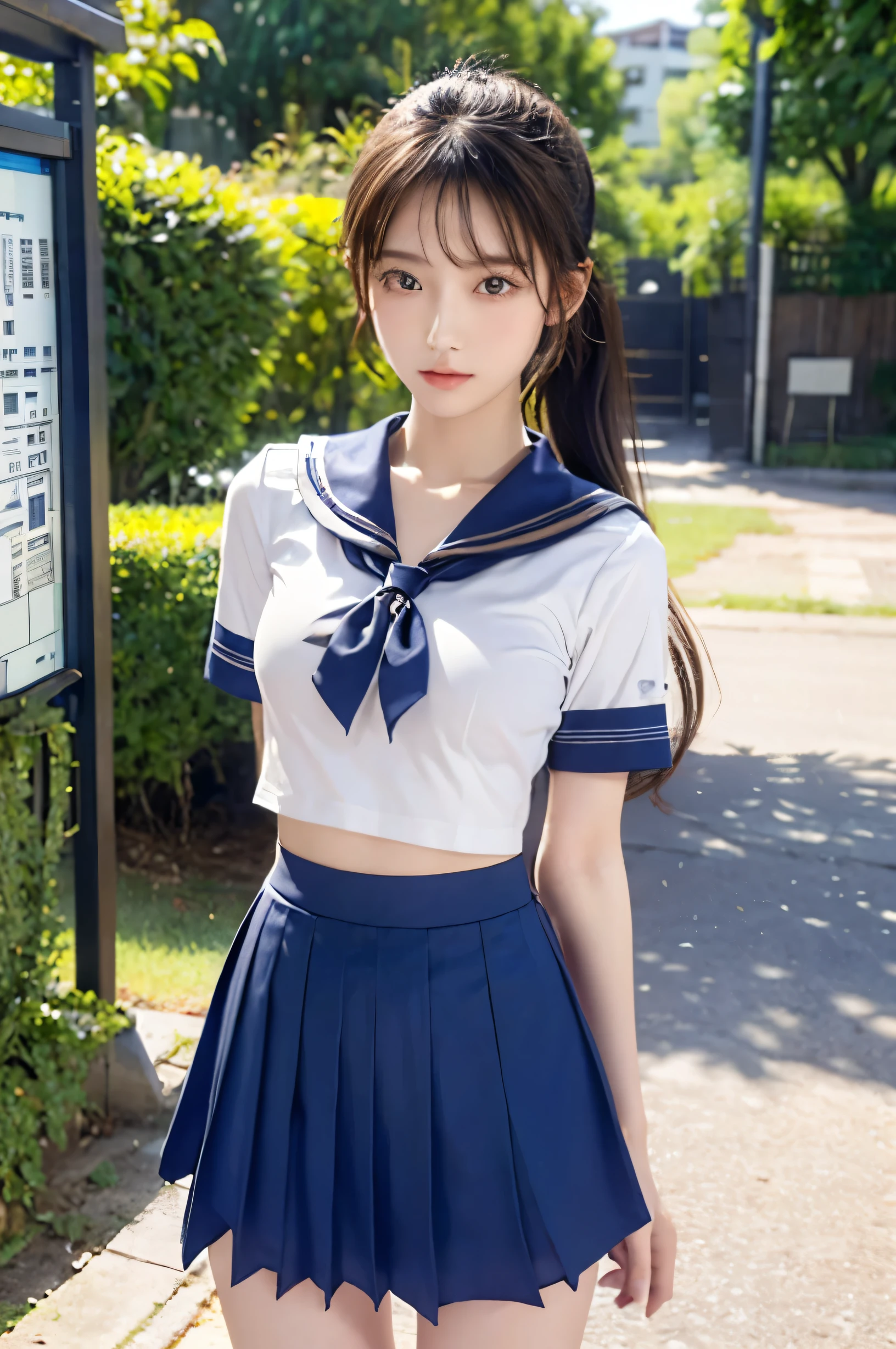 (Ultra HD), (Looking at me), (The whole body is shown), (Short-sleeved sailor uniform, Navy blue low-rise mini skirt), Big Breasts, Super beautiful breasts, slender, Narrow waist, (Thin legs:1.2), (Thin thighs:1.2), (Thin Hips:1.4), (Beautiful Skin, Shiny skin, White skin), (Super slim face, Super beautiful face, No makeup, Smile:0.6), (ponytail, Layered Cut, Fluffy hair), (double eyelid, Slanted Eyes), (Small Nose), (Thin lips), Are standing, In front of the school gate