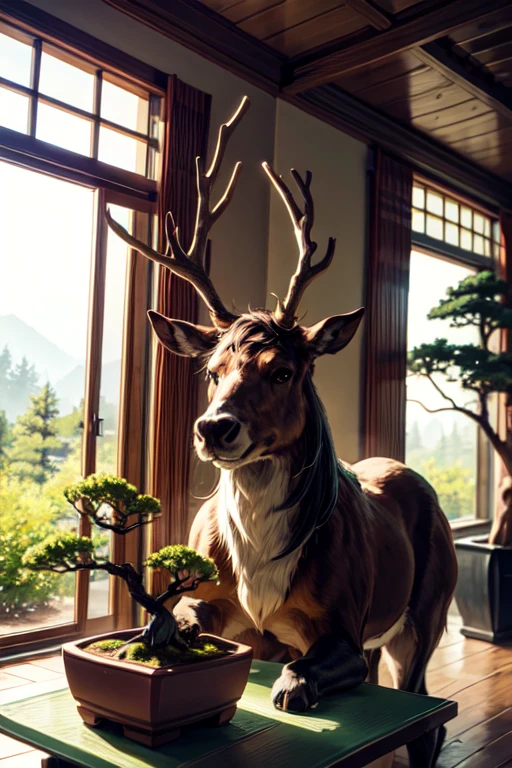 ((best quality)), cartoon, forest, one male anime moose (in front of one bonsai pine), (caring for the separate bonsai tree). ((Anatomically correct moose)) (Moose has antlers) (anime style)