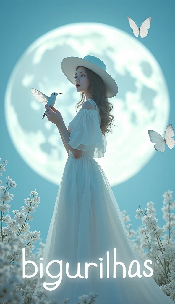 In this eye-catching and dreamy fashion poster, the name "BIGURILHAS" is elegantly written in luminous 3D with flowing letters, adorned with delicate white flowers, at the top of the image. An elegant, feminine figure dressed in an exquisite, flowing white dress stands before a huge, bright moon, creating a cinematic atmosphere. Her wide-brimmed white hat perfectly complements her long, wavy hair that falls down her back. Tenderly holding a white hummingbird, she radiates light, elegance and charm. The image is surrounded by neon white butterflies, some of which appear to float in the air, contributing to the ethereal and dreamy atmosphere. The soft pastel blue background highlights the vibrant colors and 3D rendering, making it an unforgettable viewing experience. cinematographic, vibrant, photo, fashion, typography, 3d rendering, poster, cinematic.