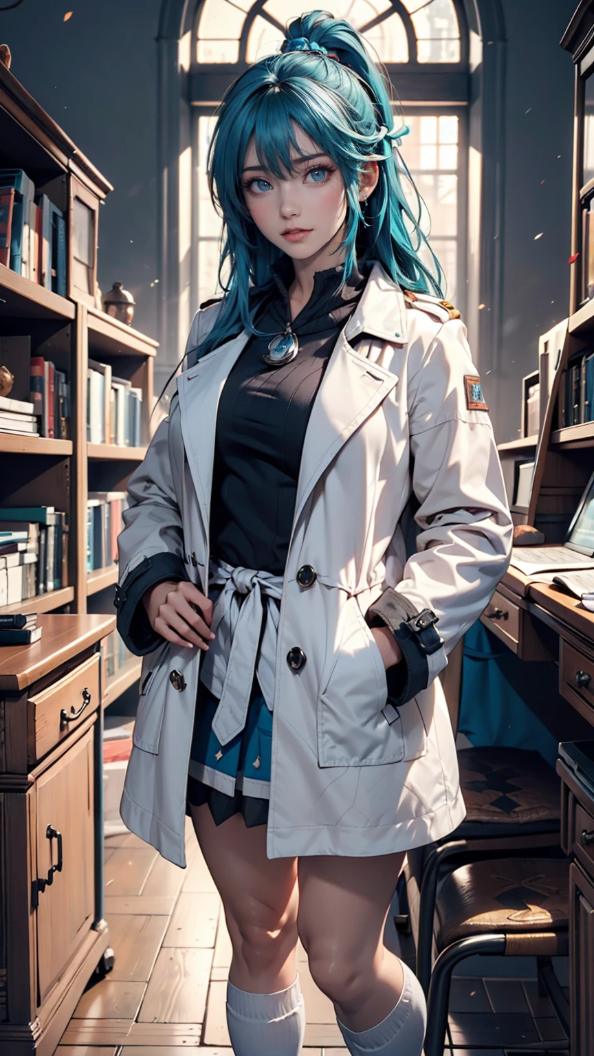 masterpiece, 最high quality, high quality, High resolution, One person, alone, Aqua (KonoSuba), Blue Hair, Long Hair, blue eyes, White shirt ,Long white coat, Black office skirt, Knee socks, whole body, Are standing, Put your hands in your pockets, boredom, Depth of written boundary, Research Room,
