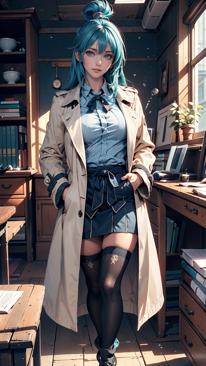 masterpiece, 最high quality, high quality, High resolution, One person, alone, Aqua (KonoSuba), Blue Hair, Long Hair, blue eyes, White shirt ,Long white coat, Black office skirt, Knee socks, whole body, Are standing, Put your hands in your pockets, boredom, Depth of written boundary, Research Room,