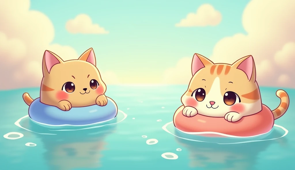 2d, Simple and cute, with gentle colors like a picture book , 8k, Highest quality,cute,Big anime eyes,Cute cats on swim rings float by from beyond the horizon.,mascot