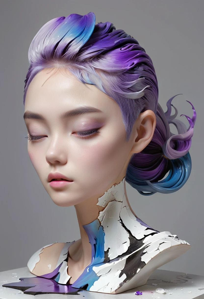 ((Showcase，Still Life Table，Artistic statues，3D sculpture，Ceramics，Surface cracks，Shattered Texture)), 1 person，alone，beautiful，Black and white metallic hair accessories，Blue-purple gradient hair tip，Purple Hair，Twin Blade, Grace，Thin neck，Communicating the beauty of nature.The creativity of Yun Shu：1.37.From Kane，Golden Powder， This artwork appears on a grey background，Emphasise the artistry.Ray Tracing,Upper Body、nude
