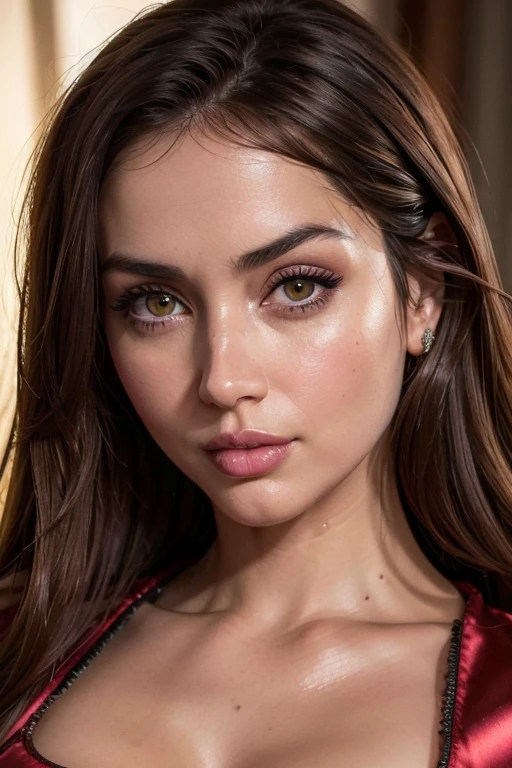 Close up head shot,(best quality,4k,Alto:1.2),ultra-detalhado,Realistic, photo, professional, studio lighting, vivid colors, sharp focus, Physically-based rendering,HDR, extremely detailed eyes and face, beautiful detailed lips, long eyelashes,(exposed cleavage shiny luxury red satin shirt:1.3),pokie nipples, Actriz Ana De Armas, woman 30 years, brown hair, Curvy, Looking at the Viewer,