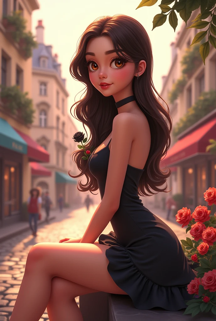  she is so beautiful gril he hand a black rose she is so cute cute cute cute she sitting a Paris 
3d cartoon 