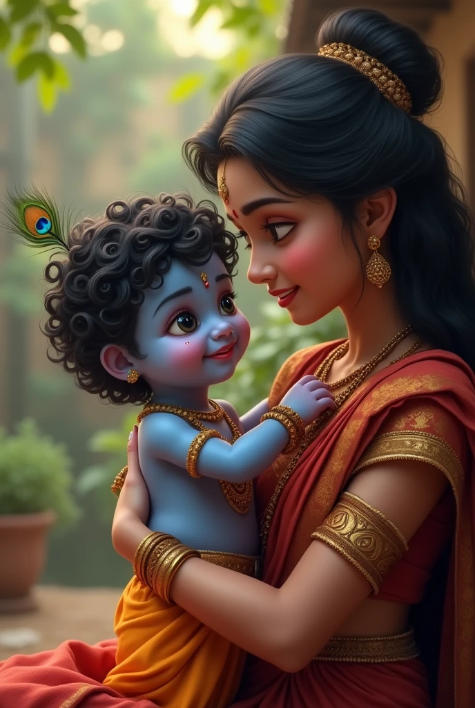 "Create an ultra-realistic image of  Krishna with his mother, Yashoda, capturing their deep bond of love and affection. Babyshna should be depicted as an adorable child wiooth, radiant blue skin, large, expressive eyes filled with innocence and mischief, and a joyful smile that lights up his face. His curly, jet-black hair should be adorned with a simple peacock feather, emphasizing his playful nature.

Yashoda should be depicted as a beautiful, loving mother with a warm, caring expression. Her skin should have a soft, natural glow, and her features should be gentle and maternal, with large, kind eyes that gaze at Krishna with deep affection. She should have long, dark hair, partly tied back, and adorned with simple yet elegant jewelry that reflects her maternal grace.

Yashoda should be dressed in a traditional saree in rich, earthy colors, like deep red, maroon, or saffron, with intricate patterns and designs. Her arms should lovingly cradle Krishna, holding him close to her, while he might be reaching out to her or playing with her jewelry. The background should feature a rustic, homely setting, perhaps within a simple, cozy village home or a lush courtyard, symbolizing the warmth and simplicity of their relationship.

The atmosphere should be filled with warmth, love, and divine energy, capturing the essence of the pure and loving bond between Krishna and his mother Yashoda, presented in a highly realistic and detailed manner."