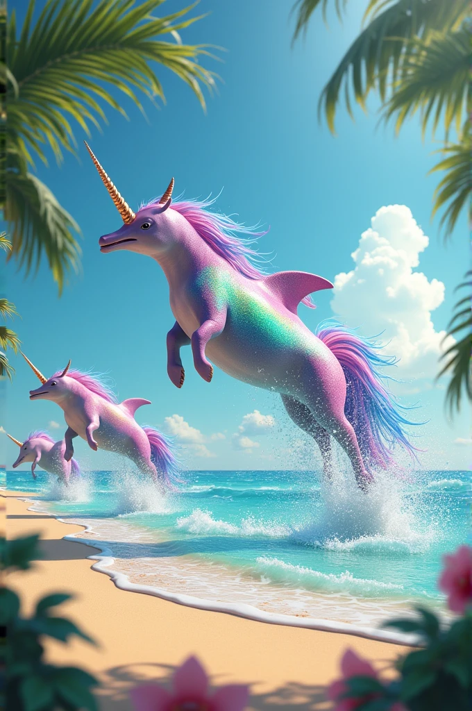Dolphins turn into colorful unicorns and are throwing themselves on the beach