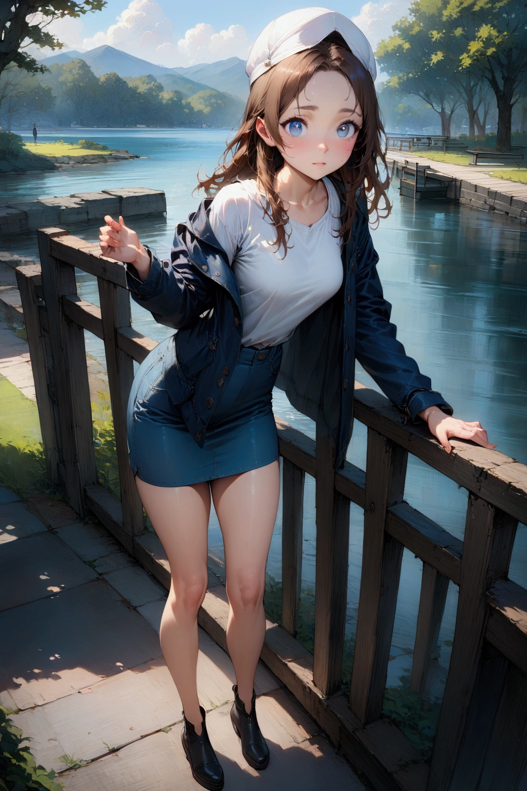 realistic anime illustration of pretty young girl is leaning against fench rail at lakeshore in public park, she has a brown hair (forehead, white cap), wearing navy-blue jacket, white t-shirt, light-blue denim pencil skirt, (1girl, solo, full body), (masterpiece, best quality, Japanese anime style), (expressive eyes, perfect face, perfect anatomy)