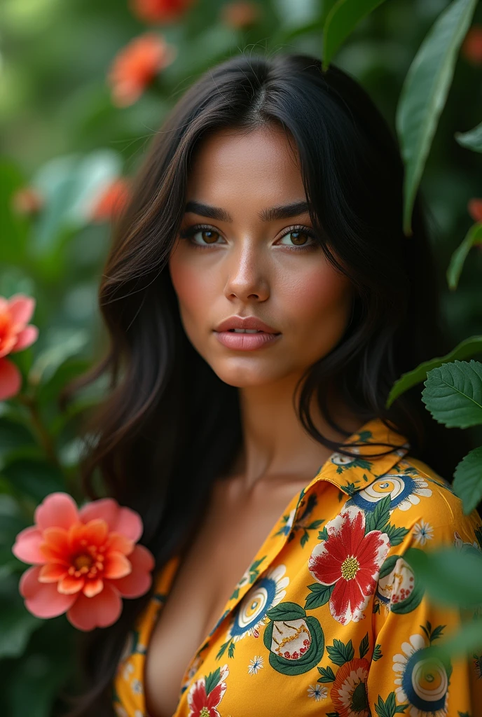 A Brazilian woman in a lush tropical garden, wearing an open shirt with a floral print, with a close-up capturing the harmonious beauty between her breasts and the natural flowers, showing off your natural charm and outgoing personality.