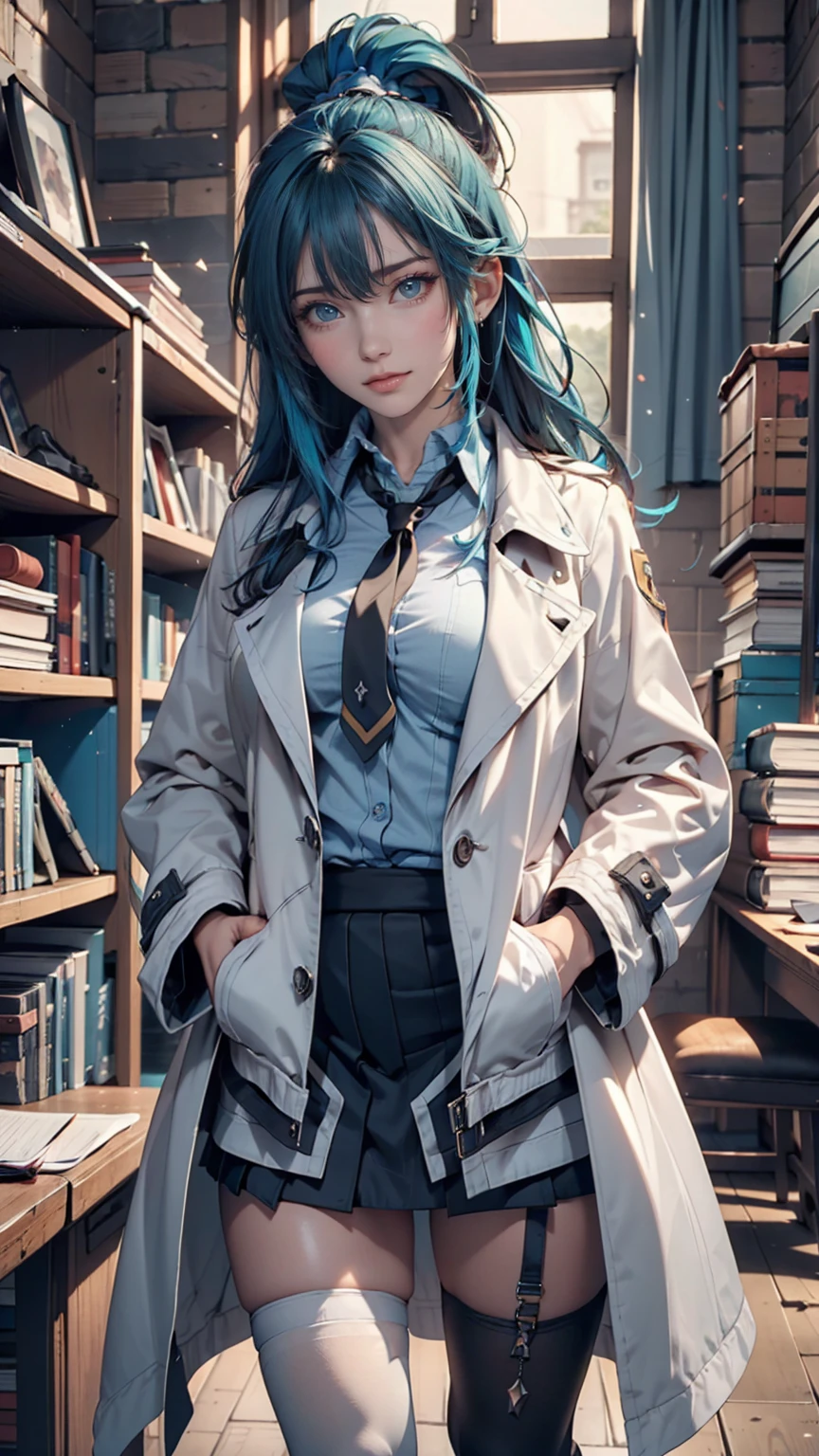 masterpiece, 最high quality, high quality, High resolution, One person, alone, Aqua (KonoSuba), Blue Hair, Long Hair, blue eyes, White shirt ,Long white coat, Black office skirt, Knee socks, whole body, Are standing, Put your hands in your pockets, boredom, Depth of written boundary, Research Room,