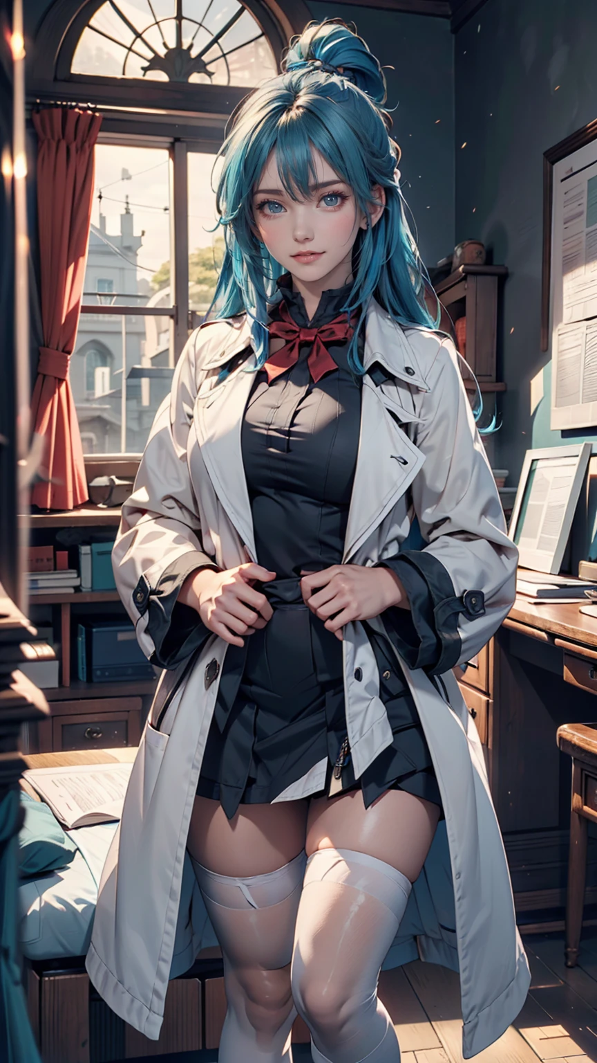 masterpiece, 最high quality, high quality, High resolution, One person, alone, Aqua (KonoSuba), Blue Hair, Long Hair, blue eyes, White shirt ,Long white coat, Black office skirt, Knee socks, whole body, Are standing, Put your hands in your pockets, boredom, Depth of written boundary, Research Room,