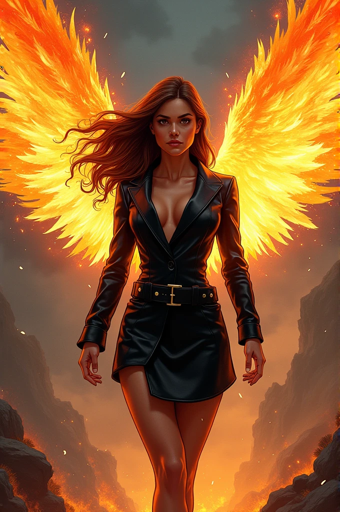 Woman age27 hair color brown wear jacket black and wear skirt black skin color tan have phoenix wing using phoenix force Make it in marvel comic panel