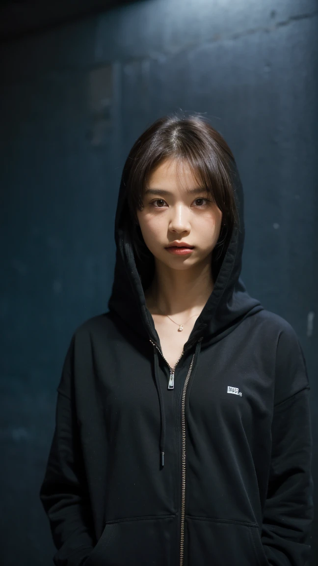 Masterpiece, best quality, ultra high resolution, hyper realistic, realistic, (photorealistic:1.4), masterpiece of analog film photograph a girl in the dark, expressionless, wearing black hoodie, taken by Hideaki Hamada using Pentax 67II and Kodak Portra, basement background 