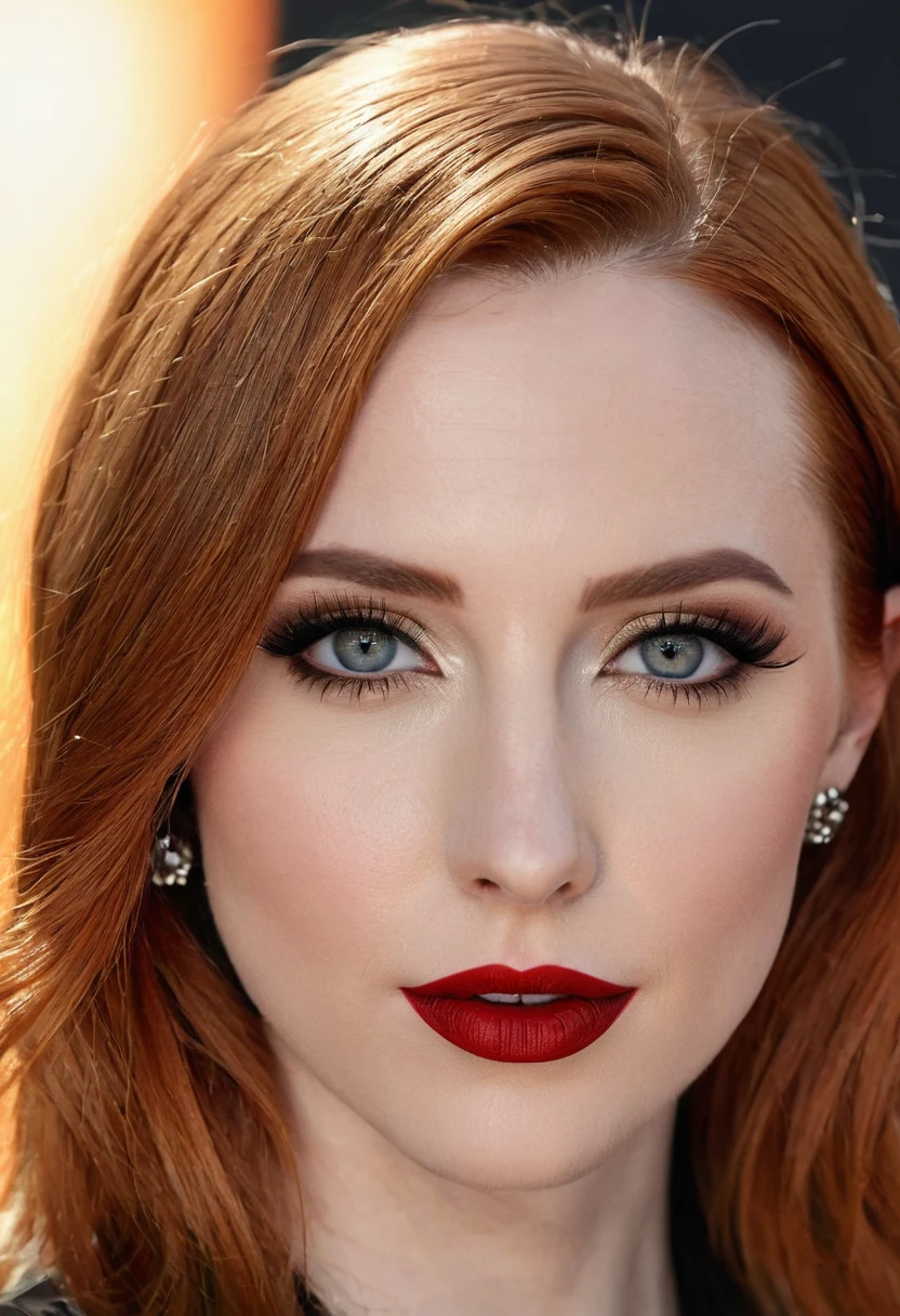 A waist-up portrait of a beautiful female whose facial features are a combination of Molly C. Quinn + Alexia Fast. The female has lovely makeup on her face. The female wears red lipstick. Symmetrical eyes. Symmetrical face. Lovely details. Photorealistic. Full-colored photo. Professional photo. Highly detailed 8K.