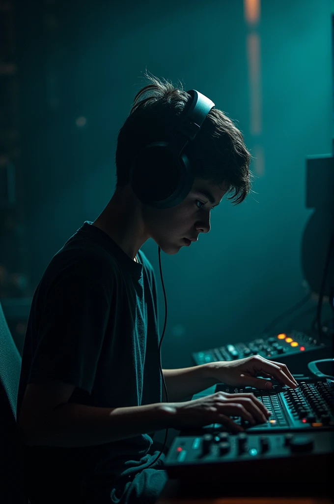 A boy with headphones like a music producer and with a dark background so that the boy's face cannot be seen and that says Salvacion Studio