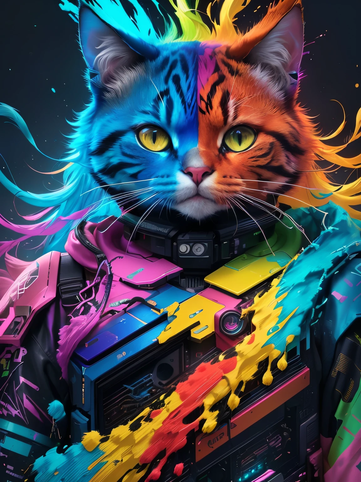 A colorful cat with rainbow paint on its face, Cyberpunk Cat, Colorful, 4k detailed digital art, digital artwork 4k, Liquid Cat, Digital Art 4k, cyberpunk vibrant colors, Digital Art 4k, 4k highly detailed digital art, Vibrant fan art, Space Cat, 8k high quality detailed art, beautiful neon cats