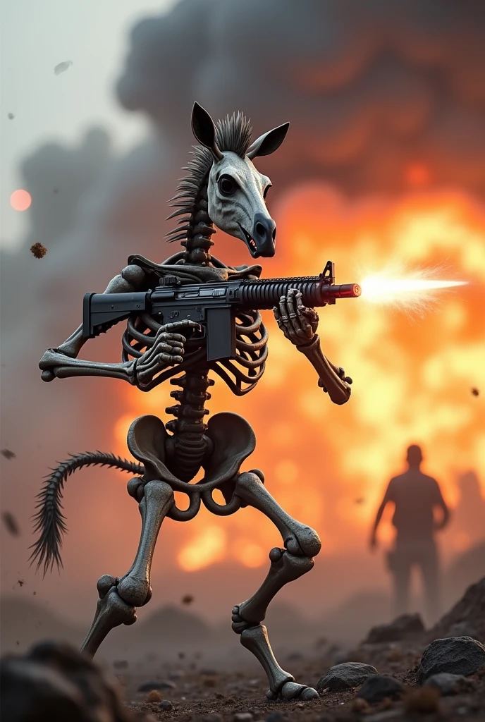 Dead zebra character from call of duty mobile posing pointing the gun towards an enemy with a big blast in the background 