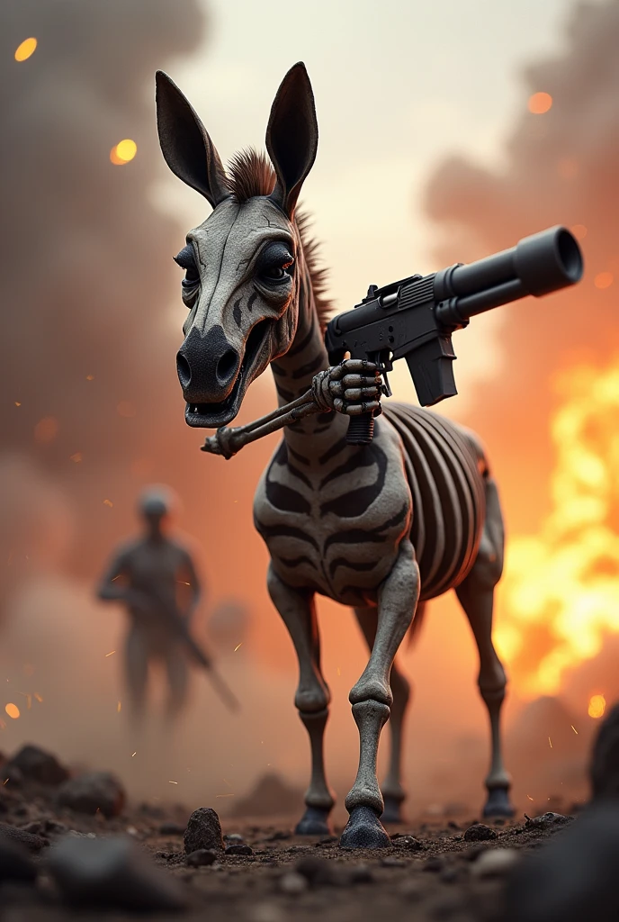 Dead zebra character from call of duty mobile posing pointing the gun towards an enemy with a big blast in the background