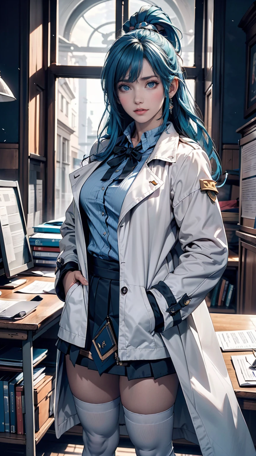 masterpiece, 最high quality, high quality, High resolution, One person, alone, Aqua (KonoSuba), Blue Hair, Long Hair, blue eyes, White shirt ,Long white coat, Black office skirt, Knee socks, whole body, Are standing, Put your hands in your pockets, boredom, Depth of written boundary, Research Room,