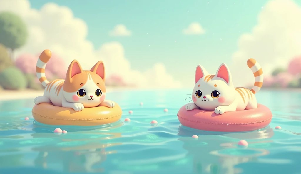 2d, Simple and cute, with gentle colors like a picture book , 8k, Highest quality,cute,Big anime eyes,Cute cats on swim rings float by from beyond the horizon.,mascot