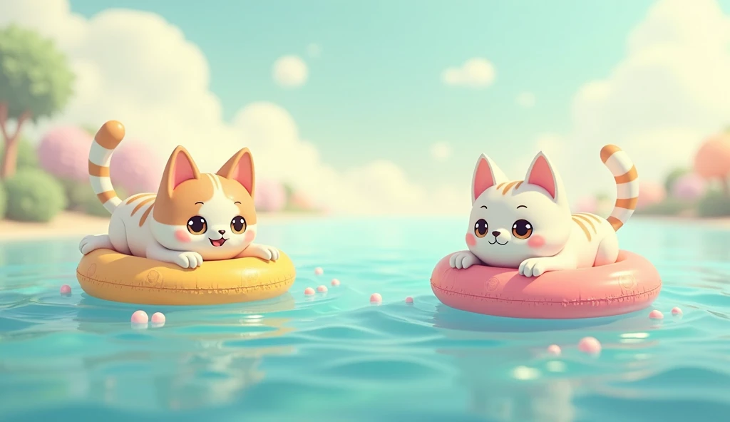 2d, Simple and cute, with gentle colors like a picture book , 8k, Highest quality,cute,Big anime eyes,Cute cats on swim rings float by from beyond the horizon.,mascot