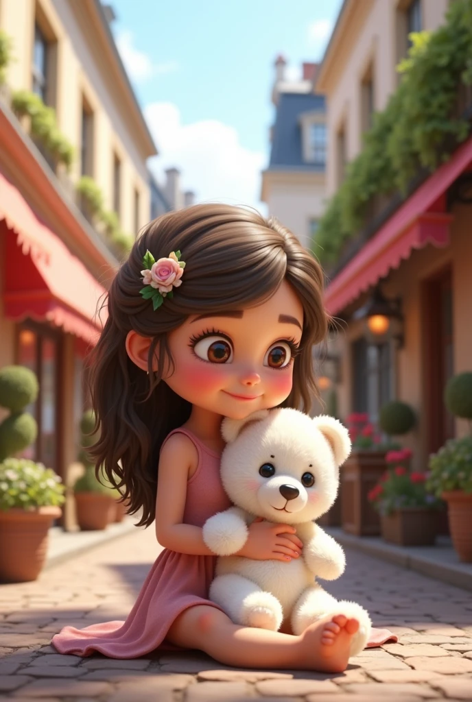  she is so beautiful gril he hand a white teddy she is so cute cute cute cute she sitting a Paris 
3d cartoon 