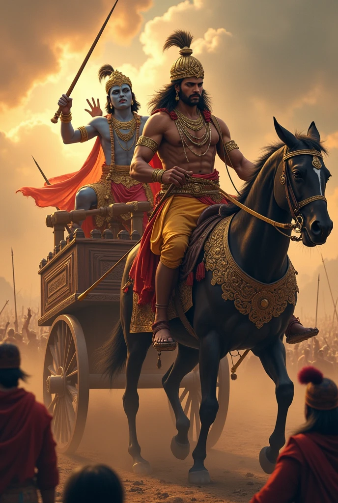 Krishna in mhabharat war riding his charriot with arjun