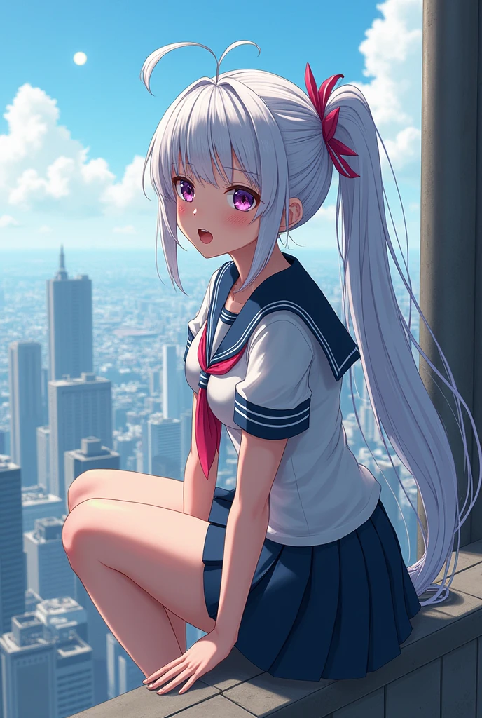 girl, {giantess}, {student}, {long hair}, white hair, antenna hair, {{school uniform}}, show foot, breasts, {medium breasts}, {looking down}, {sun}, {white eyebrows}, heart-shaped pupils, {excited}, {cityscape}, {leg_lift}, {sitting on},