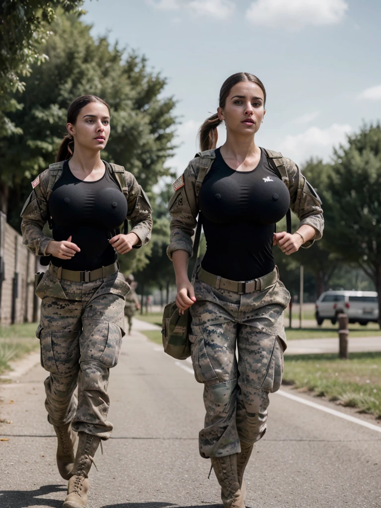 group of female soldiers, war photography, (cinematic lighting:1.1), highest quality, photo of (group of fully dressed really tanned 20yo sexy muscular female army special forces with taut clothing military top, ponytail hair, running holding a rifle), (bouncing breasts, motion lines, motion blur), too tight military shirt, medium_boltedontits, perfectly round breasts, breast implants, unaligned breasts, perfect face, parted lips, dumb expression, (wearing military Combat uniform, battlepack, boots:1.2), athletic body, on the battlefield, fake tits, bootsnutes
