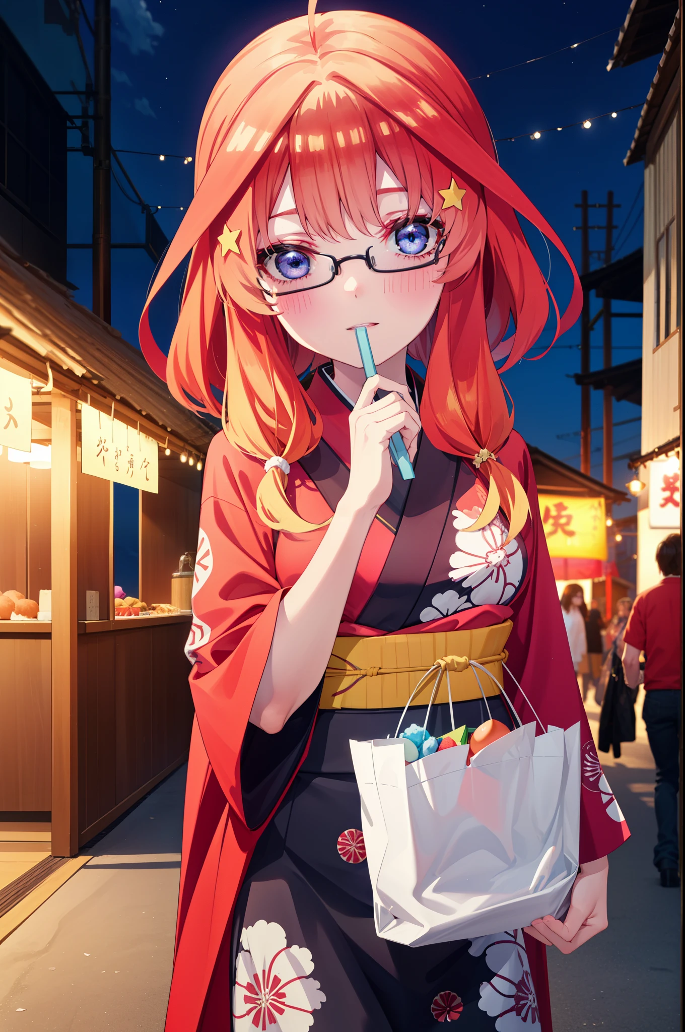 itsukinakano, Itsuki Nakano, bangs, blue eyes, Hair between the eyes, Ahoge, Redhead, star \(symbol\), hair ornaments, star hair ornaments,Black-rimmed glasses,hair tied back,smile,blush,Open your mouth,night,Red Kimono,Long skirt,He is holding cotton candy in his right hand and a clear bag full of cotton candy in his left hand.,Japanese Festivals,Summer festival food stalls,Red lantern,whole bodyがイラストに入るように,
break looking at viewer,whole body, (Cowboy Shot:1. 5),
break outdoors, Veranda,
break (masterpiece:1.2), Highest quality, High resolution, unity 8k wallpaper, (figure:0.8), (Beautiful attention to detail:1.6), Highly detailed face, Perfect lighting, Highly detailed CG, (Perfect hands, Perfect Anatomy),