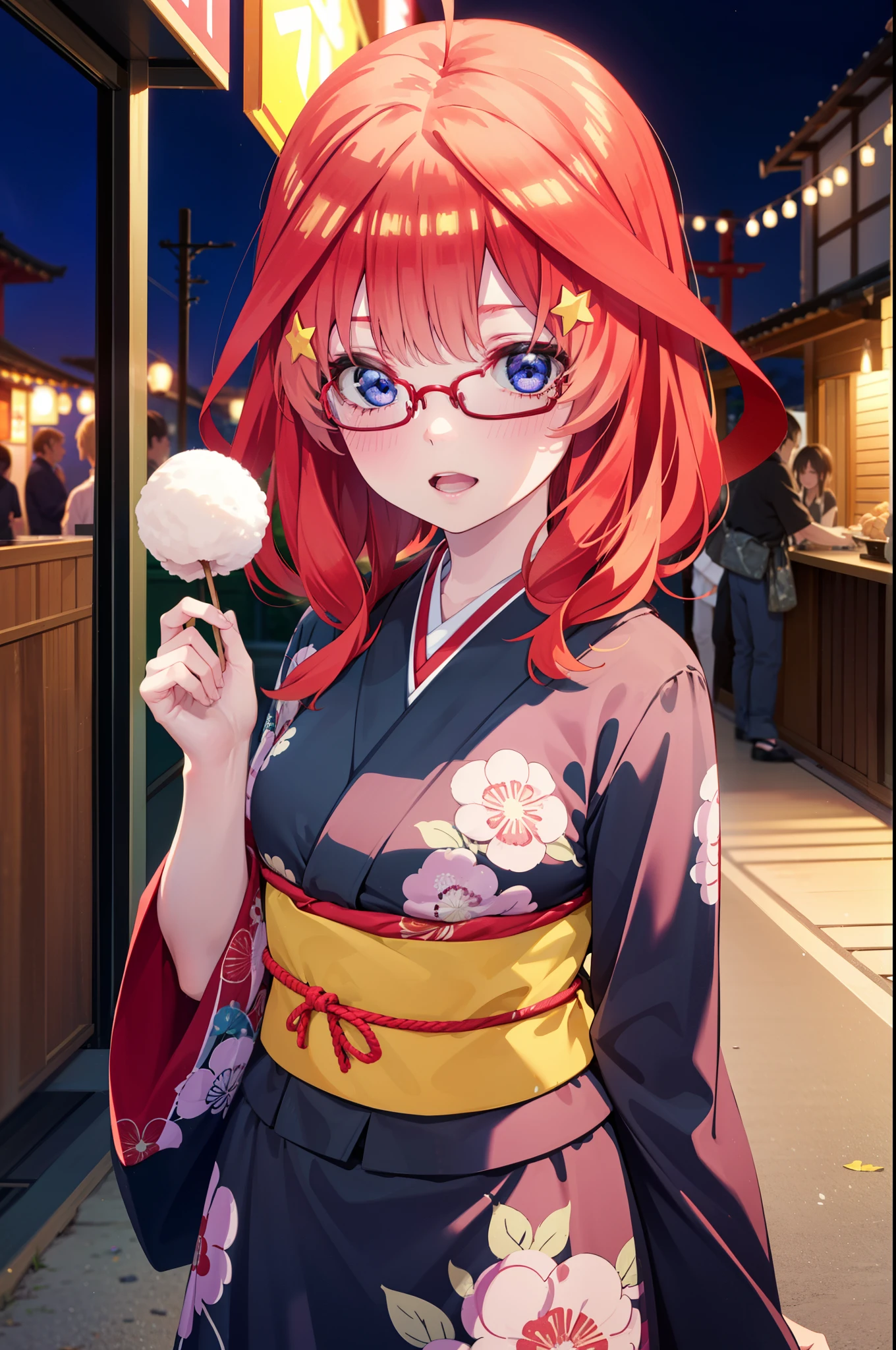 itsukinakano, Itsuki Nakano, bangs, blue eyes, Hair between the eyes, Ahoge, Redhead, star \(symbol\), hair ornaments, star hair ornaments,Black-rimmed glasses,hair tied back,smile,blush,Open your mouth,night,Red Kimono,Long skirt,He is holding cotton candy in his right hand and a clear bag full of cotton candy in his left hand.,Japanese Festivals,Summer festival food stalls,Red lantern,whole bodyがイラストに入るように,
break looking at viewer,whole body, (Cowboy Shot:1. 5),
break outdoors, Veranda,
break (masterpiece:1.2), Highest quality, High resolution, unity 8k wallpaper, (figure:0.8), (Beautiful attention to detail:1.6), Highly detailed face, Perfect lighting, Highly detailed CG, (Perfect hands, Perfect Anatomy),