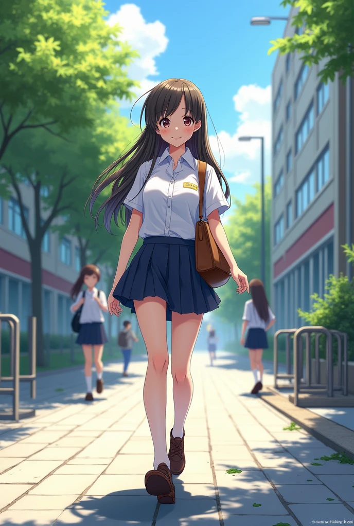 Drawing of a high school girl wearing a short skirt on her way to school