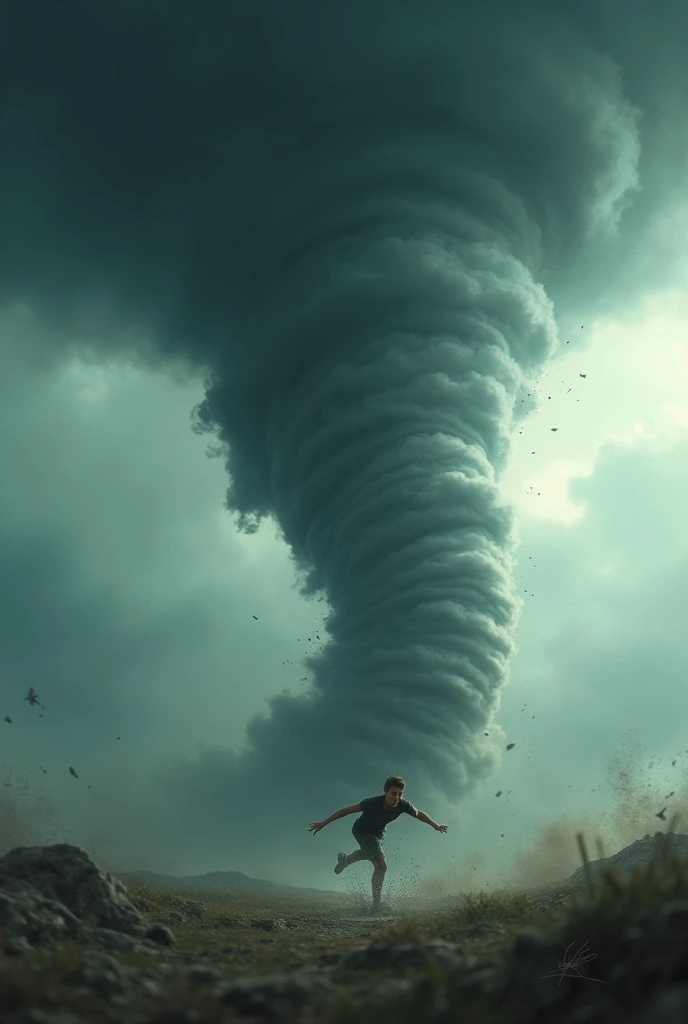 A dark and ominous atmosphere with a swirling tornado at the center, dominating the scene. Within the tornado, a young man is being swept up, his body caught in the powerful winds, flying through the air. The sky around the tornado is filled with stormy clouds, creating a sense of tension and intensity. The overall mood should be dark and dramatic, emphasizing the chaos of the tornado and the young man's perilous situation.