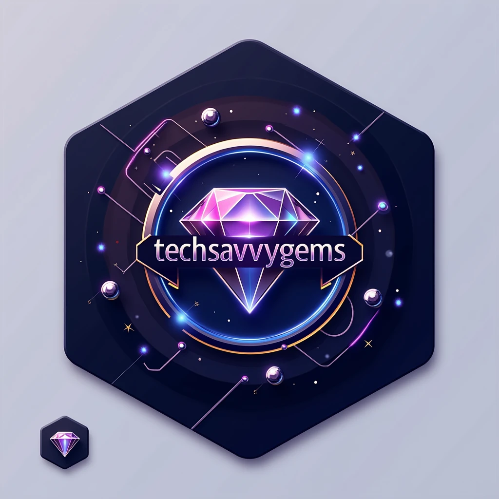 Logo Design Prompt: "TechSavvyGems"
Shape and Layout: The logo should be circular or hexagonal, symbolizing unity and strength, with the name "TechSavvyGems" prominently displayed in the center.
Font Style: Use a modern, sleek, and slightly futuristic font that conveys technology and innovation. The font should be bold and easy to read, with a subtle, elegant style to represent the "gems" aspect.
Color Scheme: Incorporate a vibrant and sophisticated color palette. Consider using a deep blue or purple as the primary color, symbolizing technology and creativity, with accents of gold or silver to represent the "gems" or valuable resources.
Iconography: Surround the text with small, subtle icons or symbols that represent technology and innovation, such as circuit lines, a lightbulb, or a gemstone. These elements should be integrated into the design to enhance the overall theme without overpowering the text.
Text Placement: Position "TechSavvyGems" in the center of the logo, with slight curvature if using a circular layout. Ensure the text is the focal point, with the surrounding icons and shapes complementing it.
Visual Effects: Add a slight gradient or shadow effect to the text to give it a polished, 3D appearance. Consider incorporating a soft glow around the text or icons to make the logo stand out.
Balance and Symmetry: Ensure all elements are well-balanced, with the name "TechSavvyGems" being the clear focus. The surrounding elements should frame the text harmoniously.